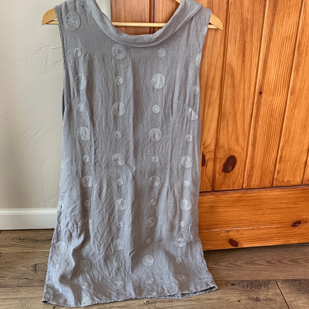 Lina Tomei 100% Linen Embroidered Polka Dot Cowl Neck Dress Small Grey Italy